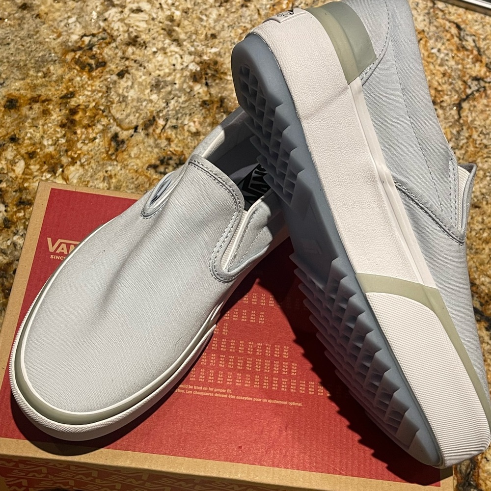 Vans - classic slip ons STACKS pastel blue/white size 10.5 Womens 9 Mens